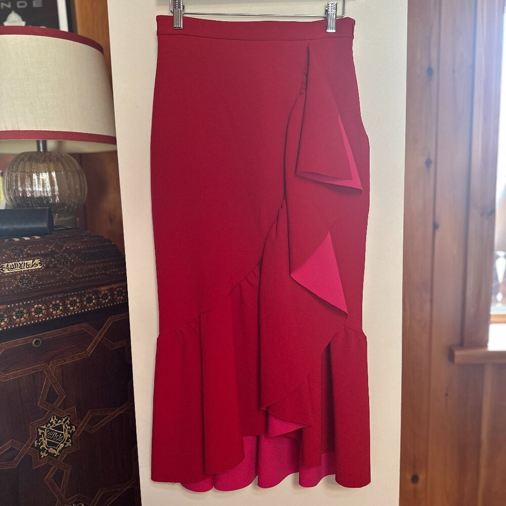 NWT - UTERQUE Red Pink Polyester Ruffle Maxi Skirt - S